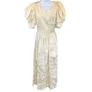 Vintage Ivory Brocade Puff Sleeve Lace Dress 80s Formal Bridal 15/16 Cottagecore